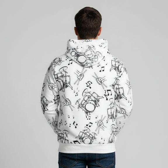 Drummer Pattern Hoodie Pullover —Large Black Musical Drum Kit Design