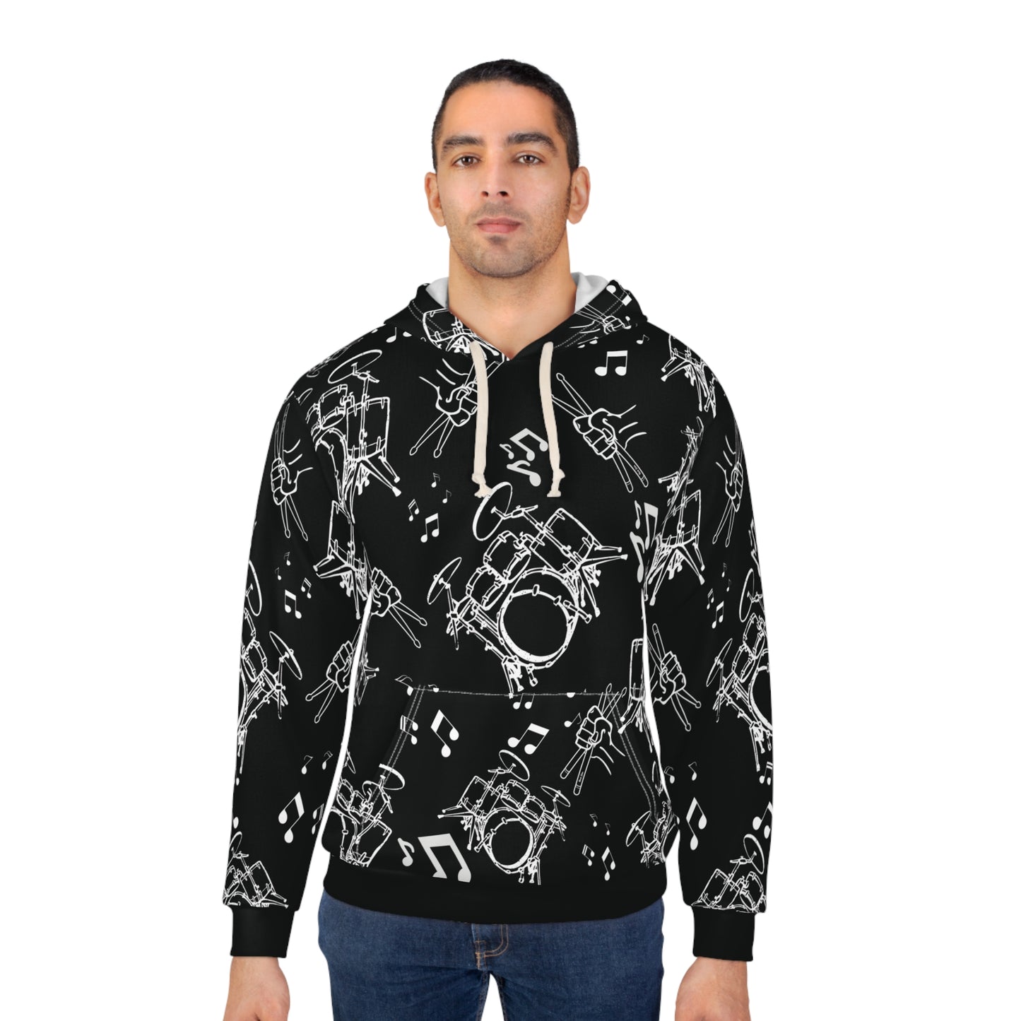 Drummer Pattern Hoodie Pullover —Large White Musical Drum Kit Design