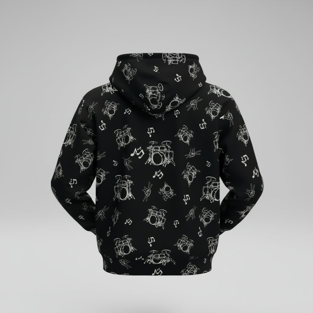 Drummer Pattern Hoodie Pullover —Medium White Musical Drum Kit Design