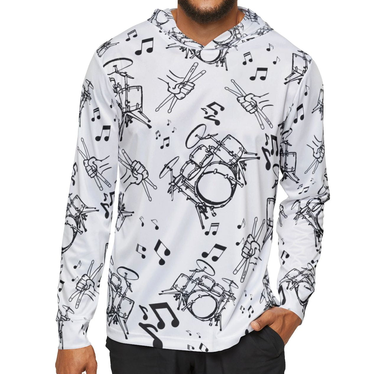 Drummer All-Over Print Hoodie Shirt — Drumset, Drumsticks & Music Notes