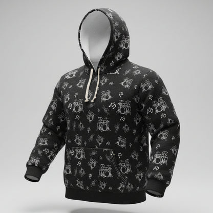 Drummer Pattern Hoodie Pullover —Small White Musical Drum Kit Design