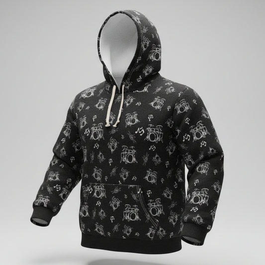 Drummer Pattern Hoodie Pullover —Small White Musical Drum Kit Design