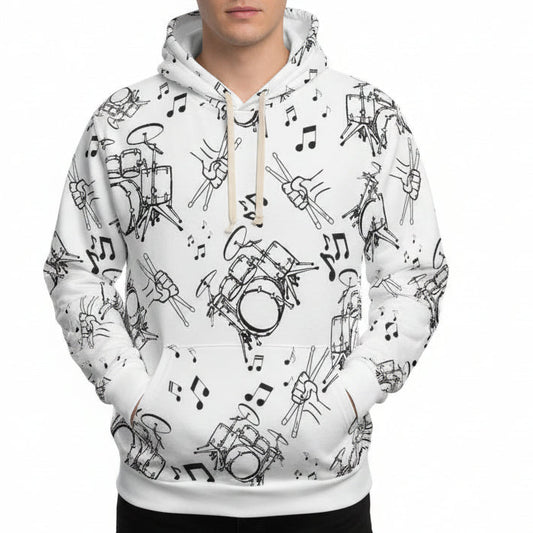 Drummer Pattern Hoodie Pullover —Large Black Musical Drum Kit Design