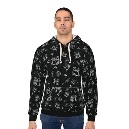 Drummer Pattern Hoodie Pullover —Small White Musical Drum Kit Design