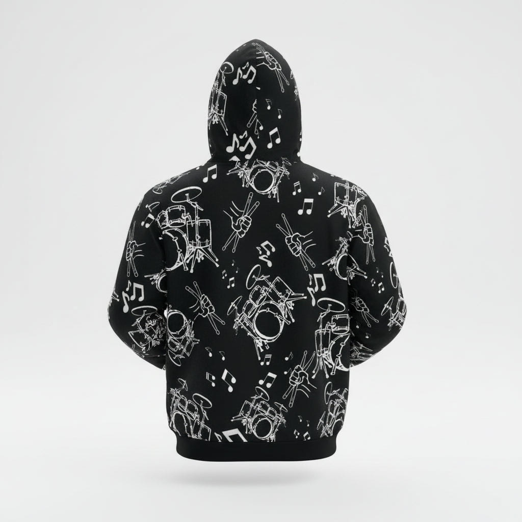 Drummer Pattern Hoodie Pullover —Large White Musical Drum Kit Design