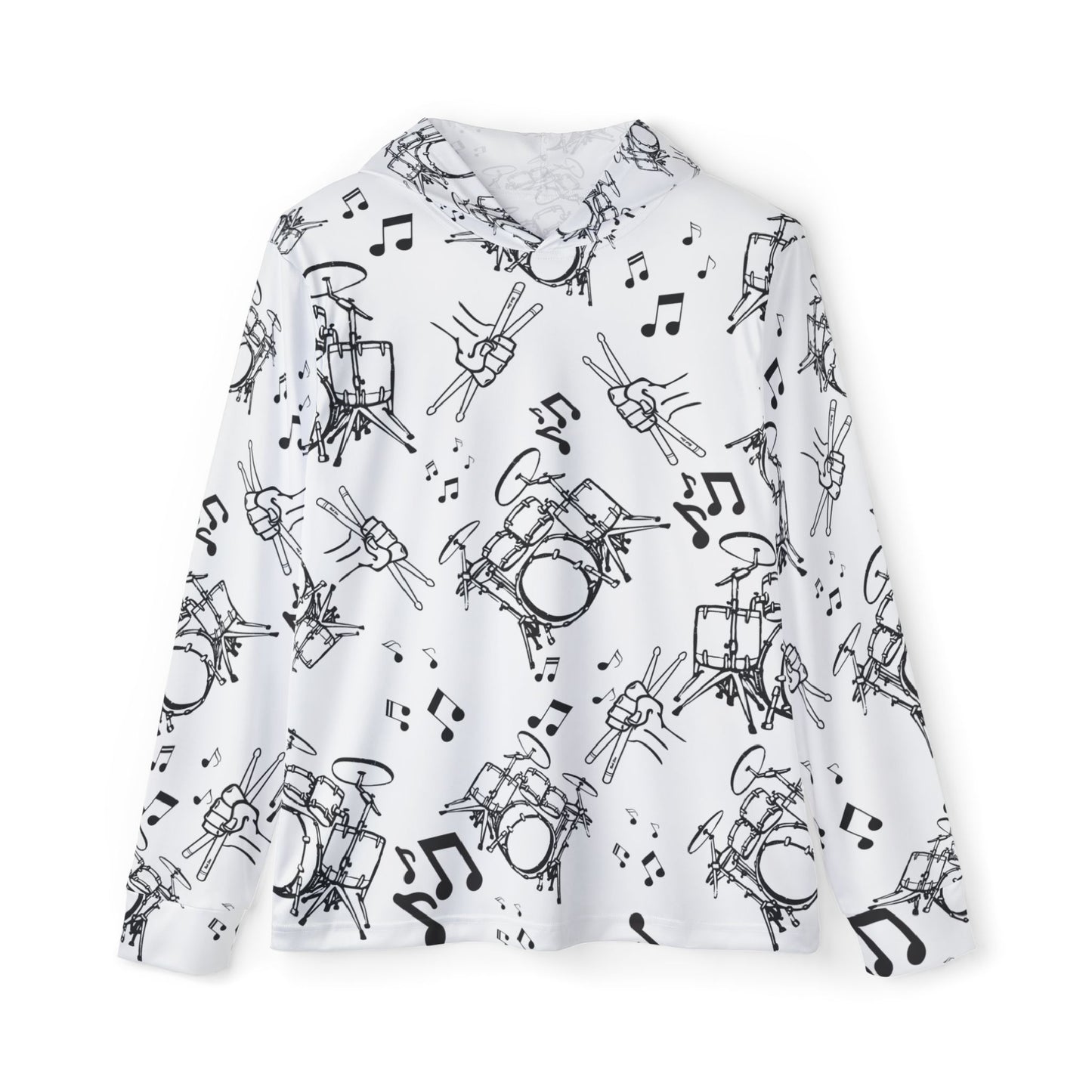 Drummer All-Over Print Hoodie Shirt — Drumset, Drumsticks & Music Notes