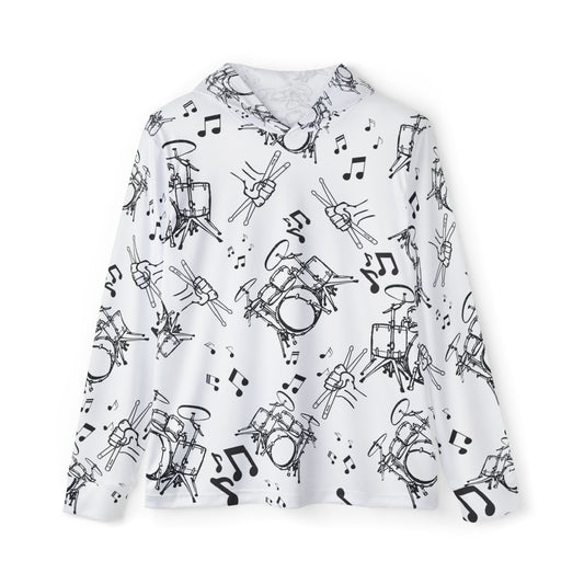 Drummer All-Over Print Hoodie Shirt — Drumset, Drumsticks & Music Notes