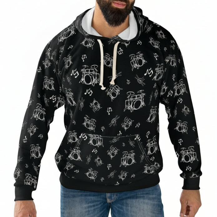 Drummer Pattern Hoodie Pullover —Small White Musical Drum Kit Design