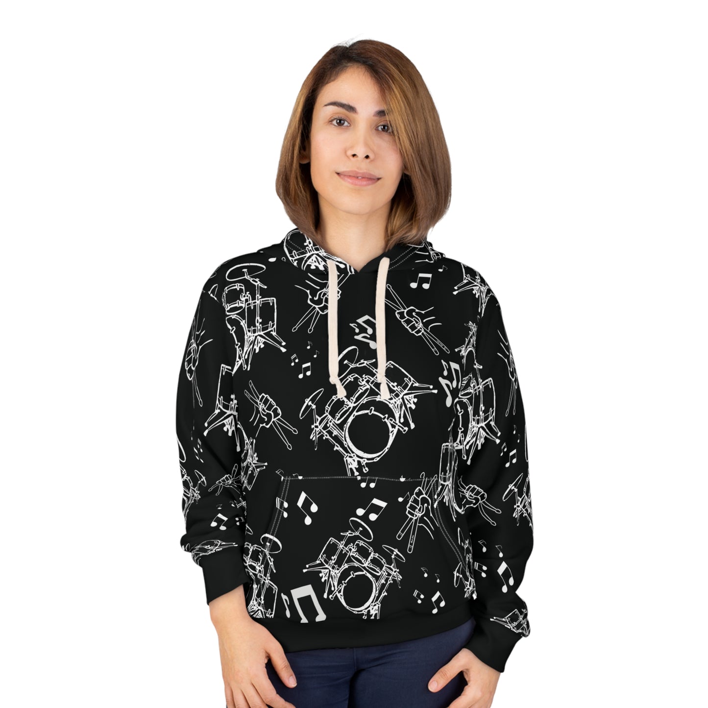 Drummer Pattern Hoodie Pullover —Large White Musical Drum Kit Design