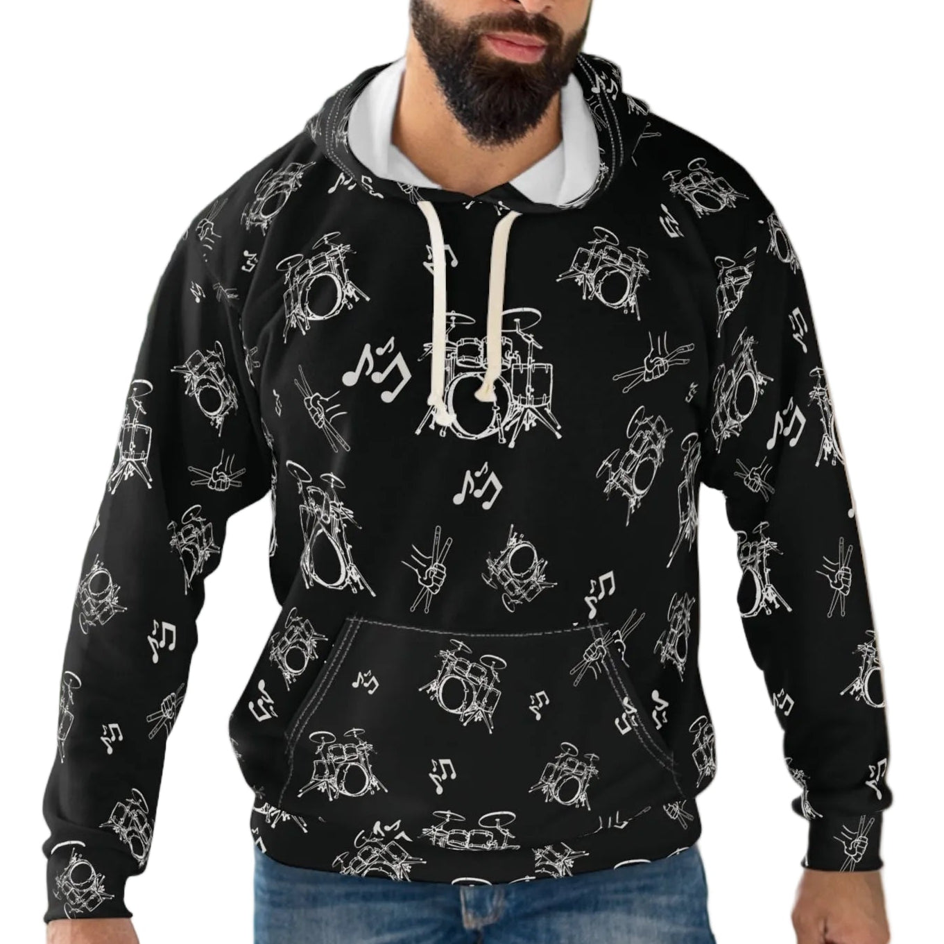 Drummer Pattern Hoodie Pullover —Medium White Musical Drum Kit Design