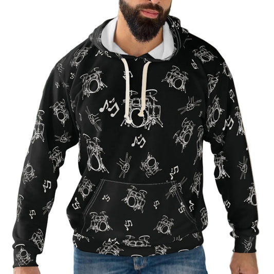 Drummer Pattern Hoodie Pullover —Medium White Musical Drum Kit Design