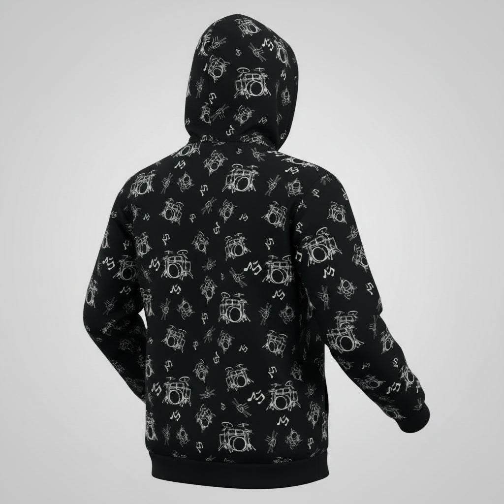 Drummer Pattern Hoodie Pullover —Small White Musical Drum Kit Design