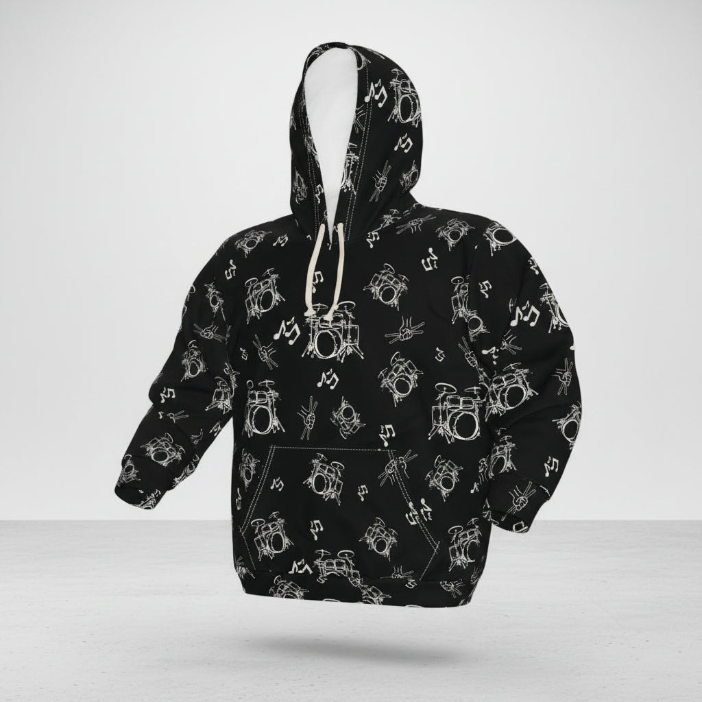 Drummer Pattern Hoodie Pullover —Medium White Musical Drum Kit Design
