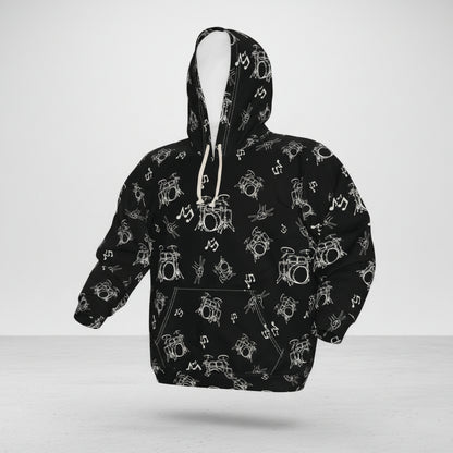 Drummer Pattern Hoodie Pullover —Medium White Musical Drum Kit Design