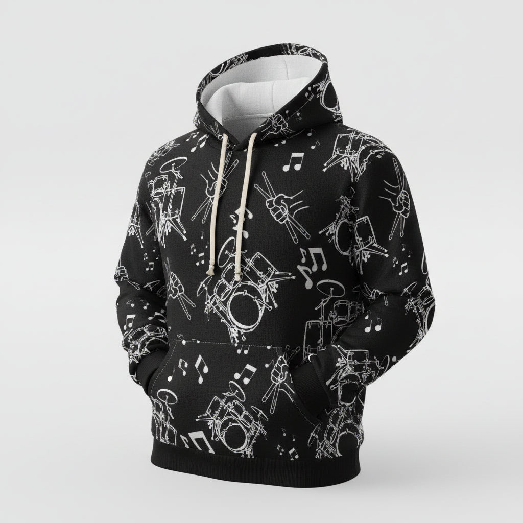 Drummer Pattern Hoodie Pullover —Large White Musical Drum Kit Design