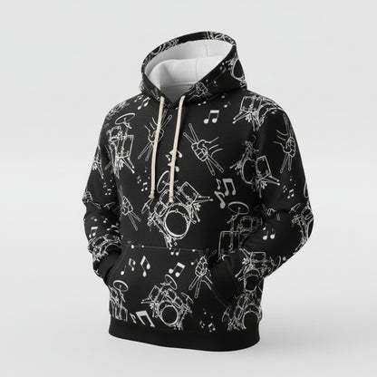 Drummer Pattern Hoodie Pullover —Large White Musical Drum Kit Design