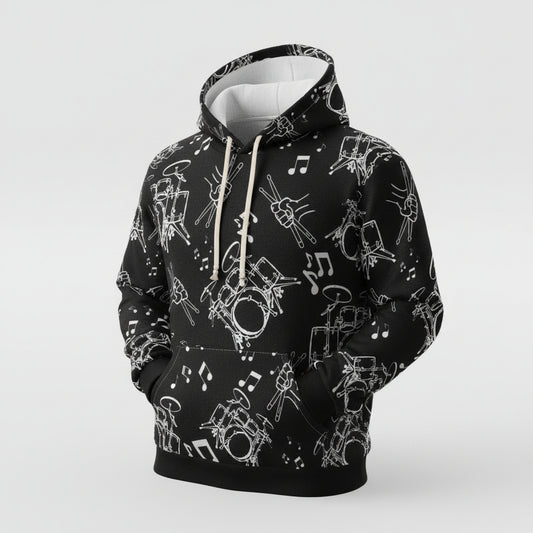 Drummer Pattern Hoodie Pullover —Large White Musical Drum Kit Design