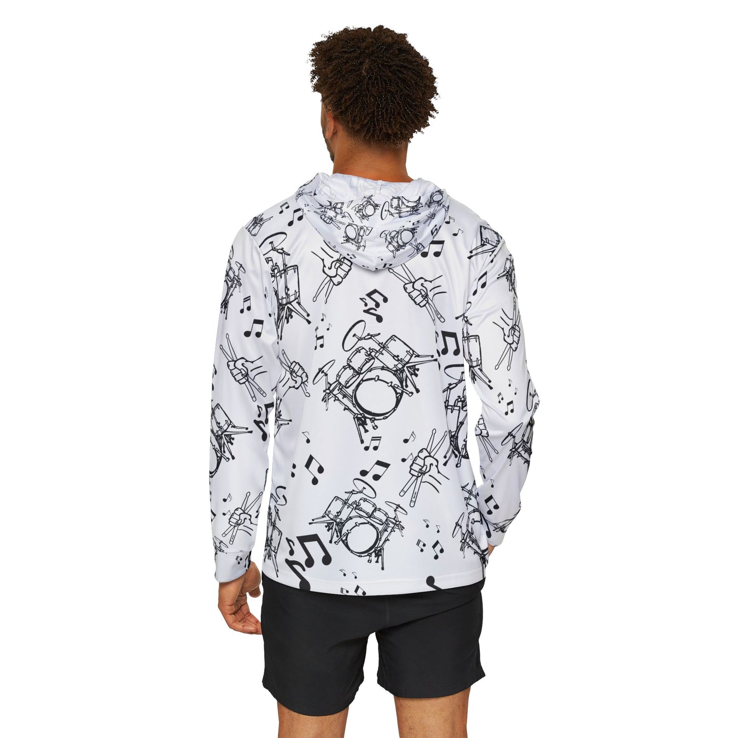 Drummer All-Over Print Hoodie Shirt — Drumset, Drumsticks & Music Notes