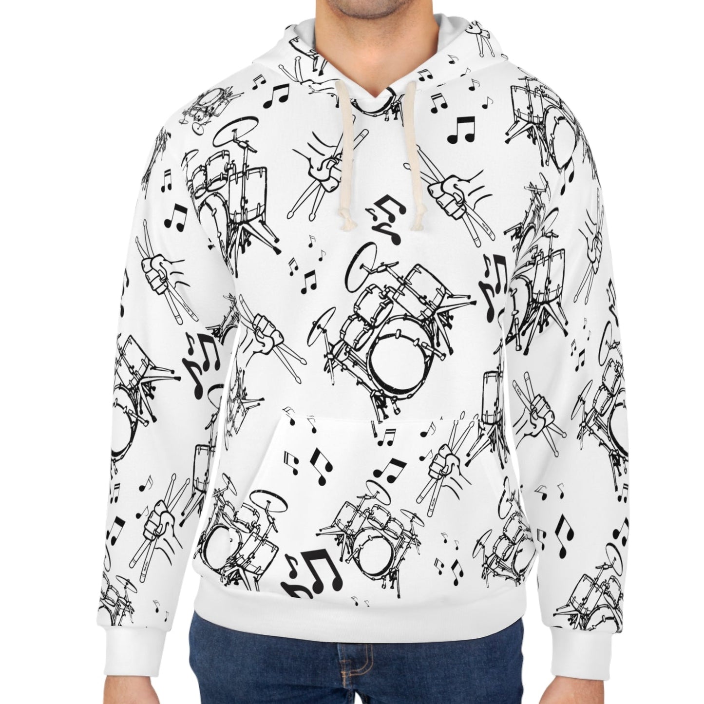 Drummer Pattern Hoodie Pullover —Large Black Musical Drum Kit Design