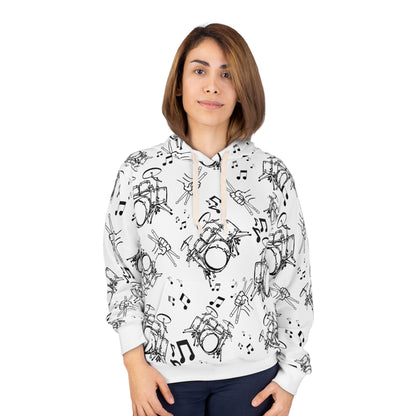 Drummer Pattern Hoodie Pullover —Large Black Musical Drum Kit Design