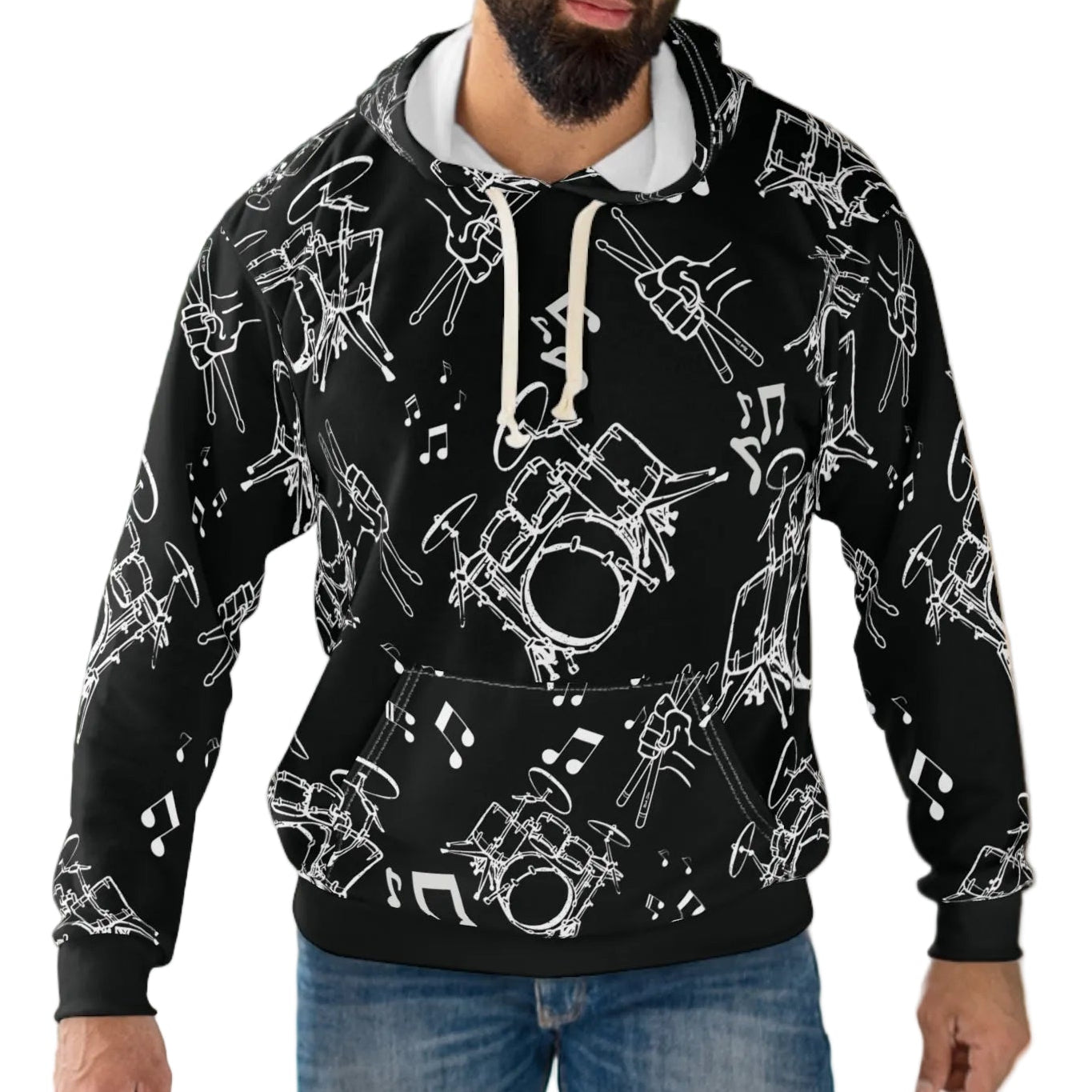 Drummer Pattern Hoodie Pullover —Large White Musical Drum Kit Design