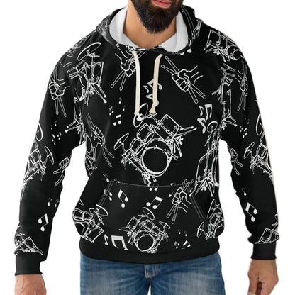 Drummer Pattern Hoodie Pullover —Large White Musical Drum Kit Design